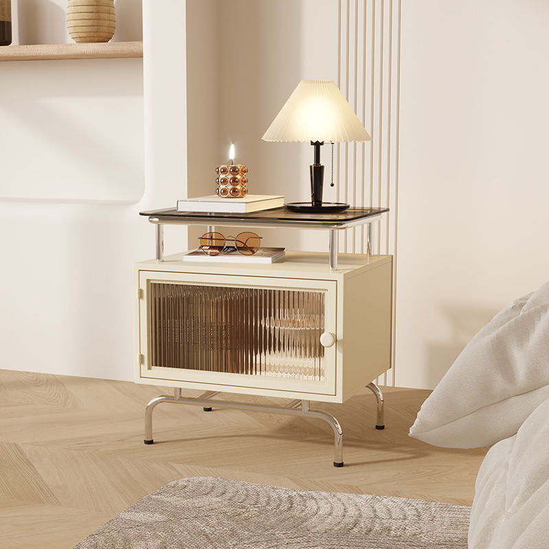 Traditional French Iron Glass & Stainless Steel Rectangular Nightstand 1-Cabinet For Bedroom