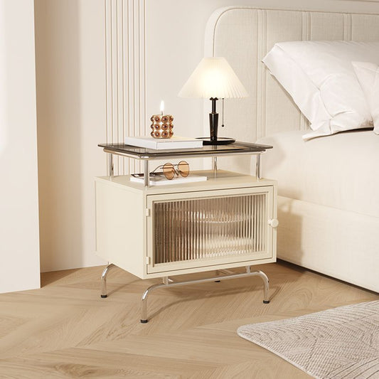 Traditional French Iron Glass & Stainless Steel Rectangular Nightstand 1-Cabinet For Bedroom
