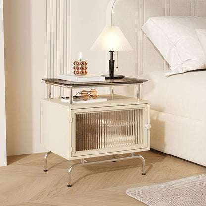 Traditional French Iron Glass & Stainless Steel Rectangular Nightstand 1-Cabinet For Bedroom