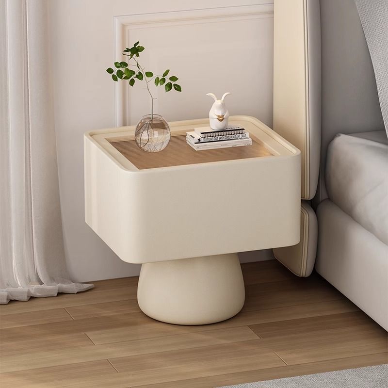 Modern Minimalist Wood Density Board Microfiber Leather & Glass Cream Style Rectangular-Cylinder Nightstand With 1-Drawer For Bedroom
