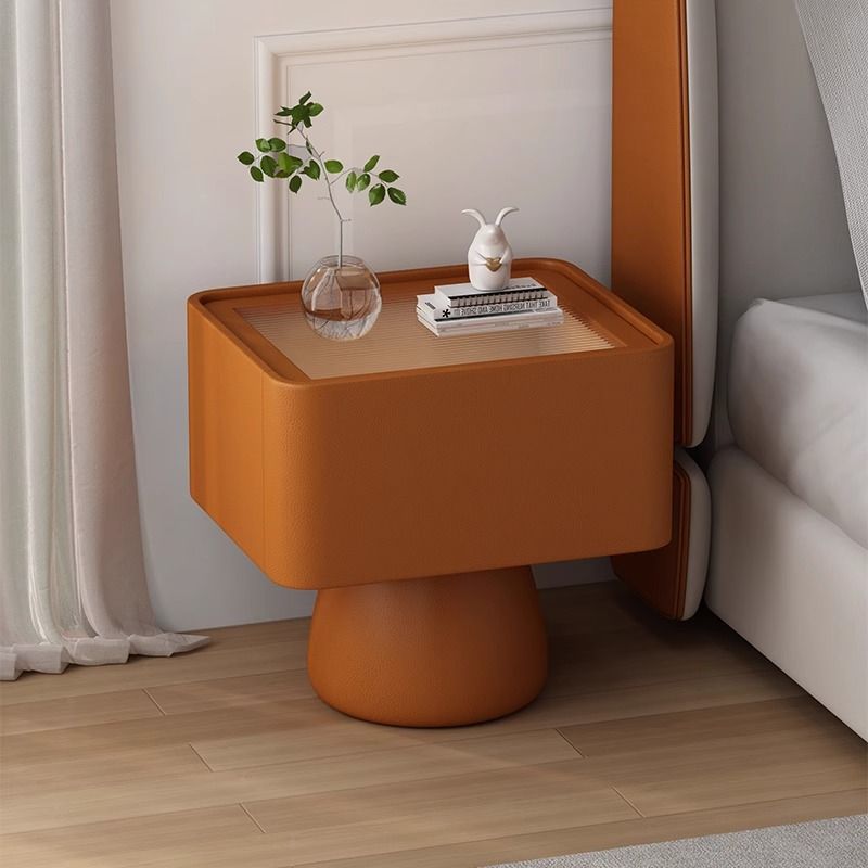 Modern Minimalist Wood Density Board Microfiber Leather & Glass Cream Style Rectangular-Cylinder Nightstand With 1-Drawer For Bedroom