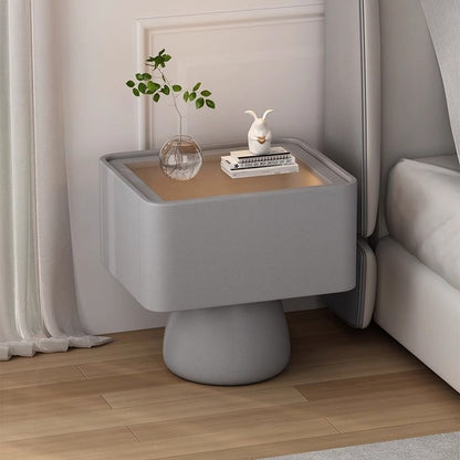 Modern Minimalist Wood Density Board Microfiber Leather & Glass Cream Style Rectangular-Cylinder Nightstand With 1-Drawer For Bedroom