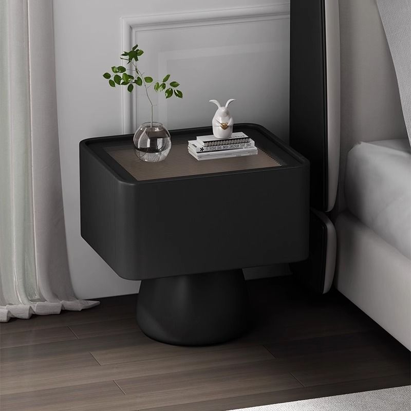 Modern Minimalist Wood Density Board Microfiber Leather & Glass Cream Style Rectangular-Cylinder Nightstand With 1-Drawer For Bedroom