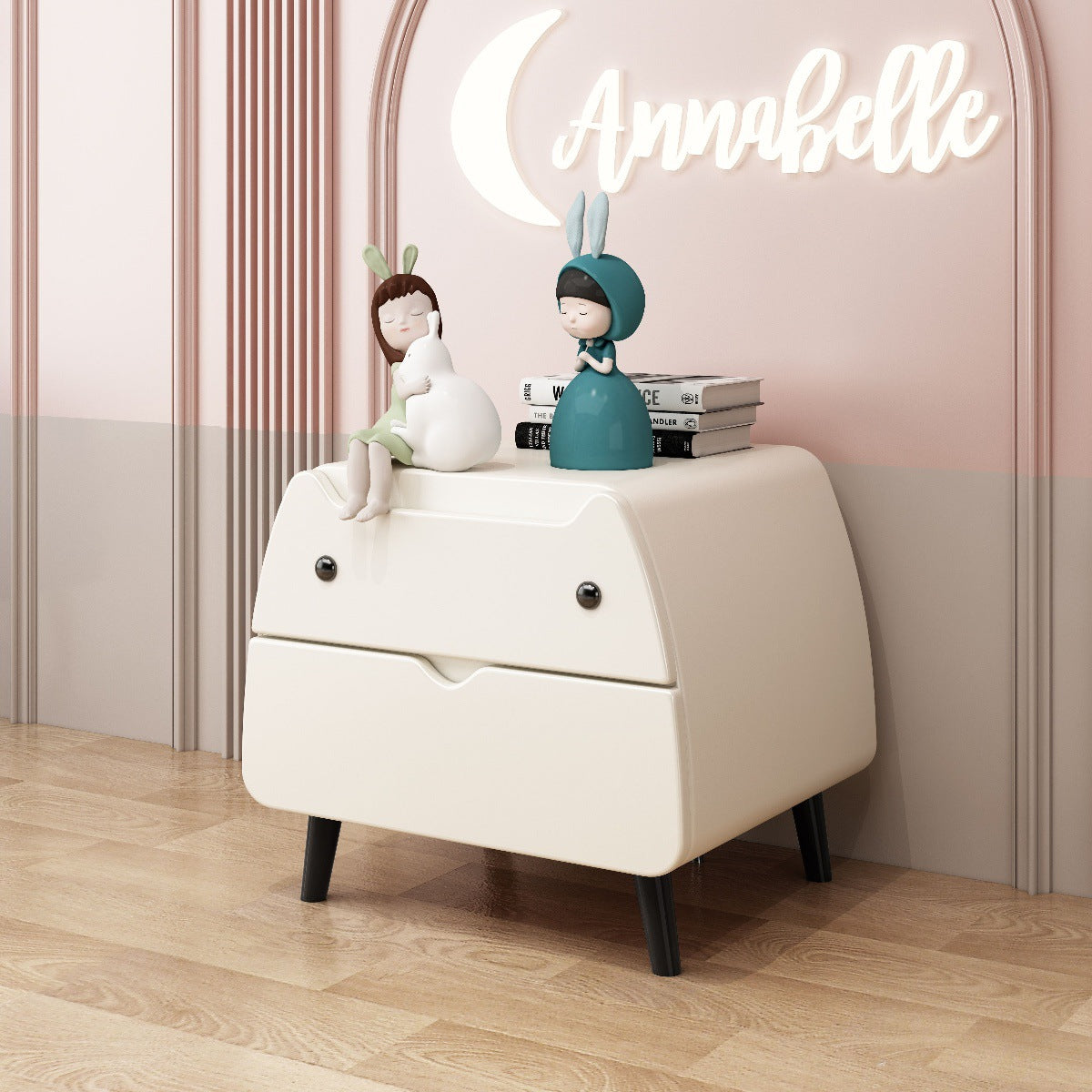 Contemporary Creative Microfiber Leather, Wood & Carbon Steel Cat-Shaped Nightstand With 2-Drawer For Kids' Bedroom