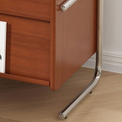 Traditional Vintage Wood, Rock Slab & Stainless Steel Rectangular Nightstand With 2-Drawer For Bedroom