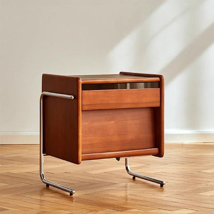 Traditional Vintage Wood, Rock Slab & Stainless Steel Rectangular Nightstand With 2-Drawer For Bedroom