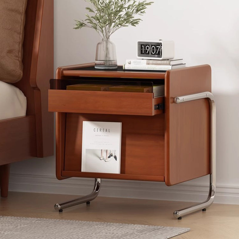 Traditional Vintage Wood, Rock Slab & Stainless Steel Rectangular Nightstand With 2-Drawer For Bedroom