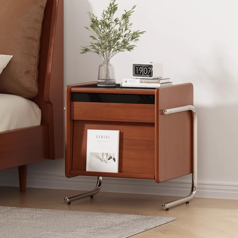 Traditional Vintage Wood, Rock Slab & Stainless Steel Rectangular Nightstand With 2-Drawer For Bedroom