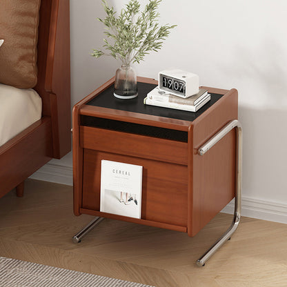 Traditional Vintage Wood, Rock Slab & Stainless Steel Rectangular Nightstand With 2-Drawer For Bedroom