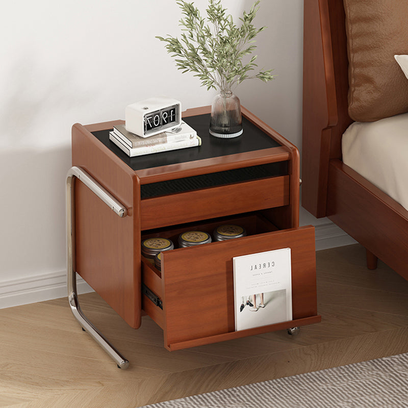 Traditional Vintage Wood, Rock Slab & Stainless Steel Rectangular Nightstand With 2-Drawer For Bedroom