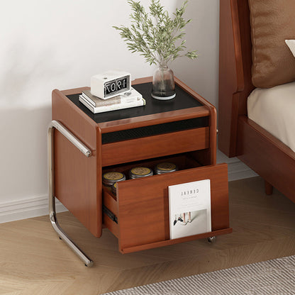 Traditional Vintage Wood, Rock Slab & Stainless Steel Rectangular Nightstand With 2-Drawer For Bedroom