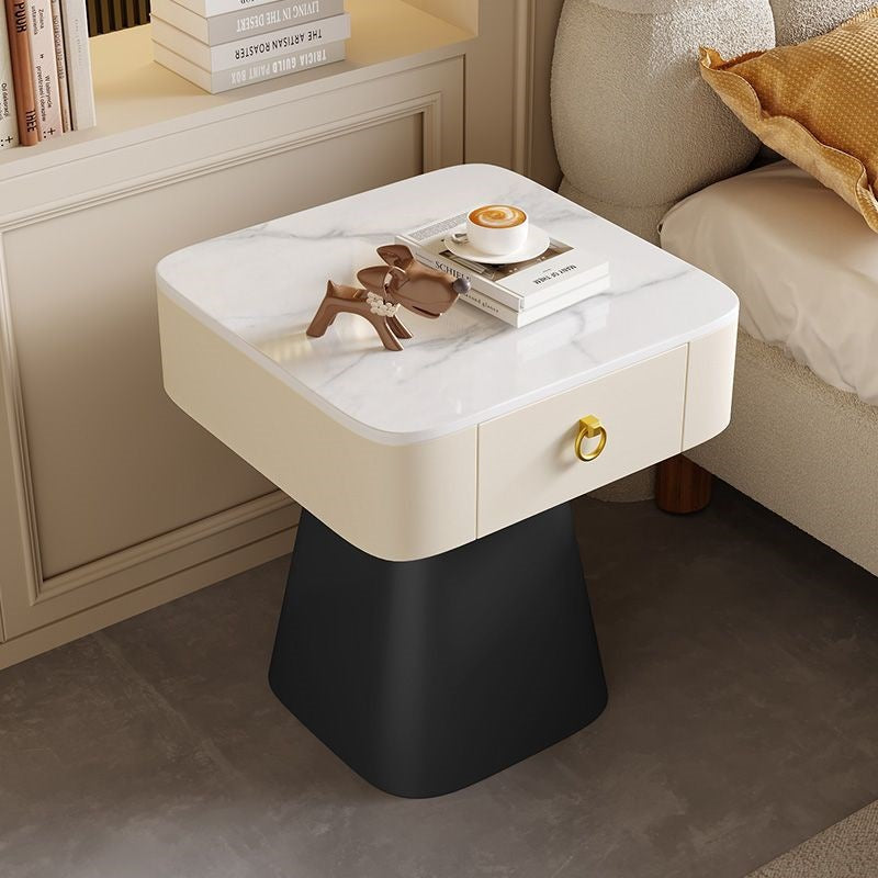Traditional French Carbon Steel & Rock Slab Square Top Nightstand With Pyramid Base And 1-Drawer For Bedroom & Living Room