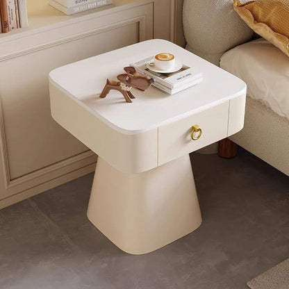 Traditional French Carbon Steel & Rock Slab Square Top Nightstand With Pyramid Base And 1-Drawer For Bedroom & Living Room