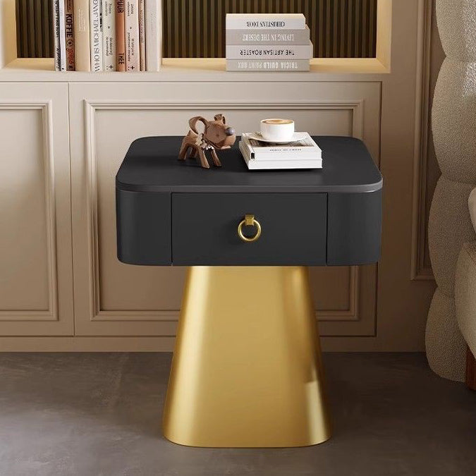 Traditional French Carbon Steel & Rock Slab Square Top Nightstand With Pyramid Base And 1-Drawer For Bedroom & Living Room