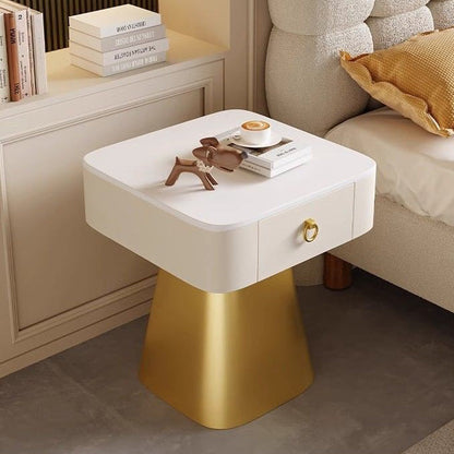 Traditional French Carbon Steel & Rock Slab Square Top Nightstand With Pyramid Base And 1-Drawer For Bedroom & Living Room