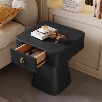 Traditional French Carbon Steel & Rock Slab Square Top Nightstand With Pyramid Base And 1-Drawer For Bedroom & Living Room