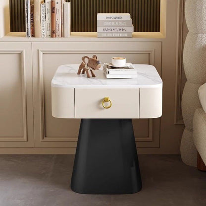 Traditional French Carbon Steel & Rock Slab Square Top Nightstand With Pyramid Base And 1-Drawer For Bedroom & Living Room
