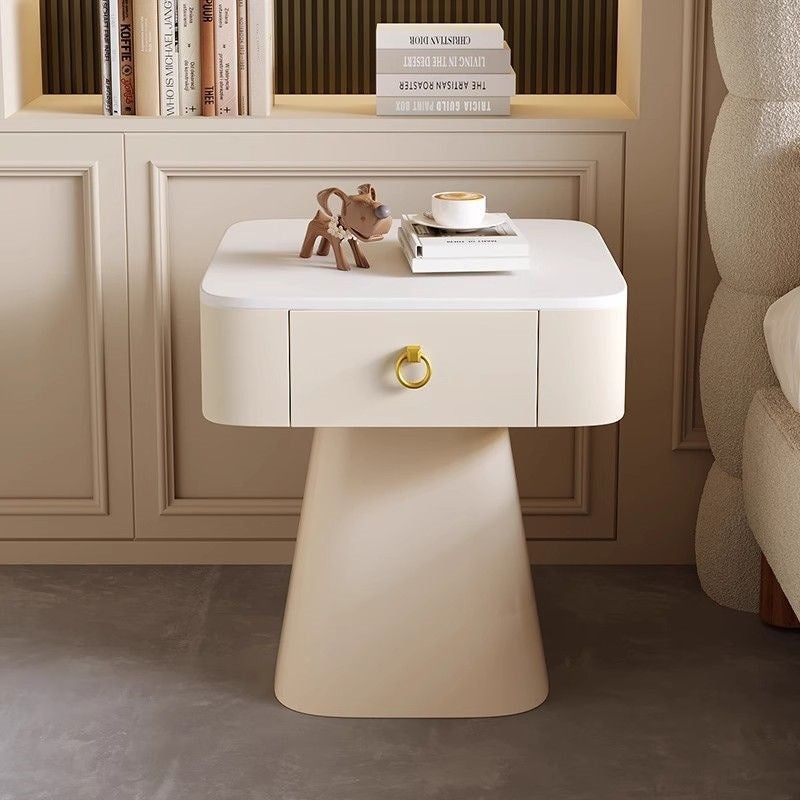 Traditional French Carbon Steel & Rock Slab Square Top Nightstand With Pyramid Base And 1-Drawer For Bedroom & Living Room