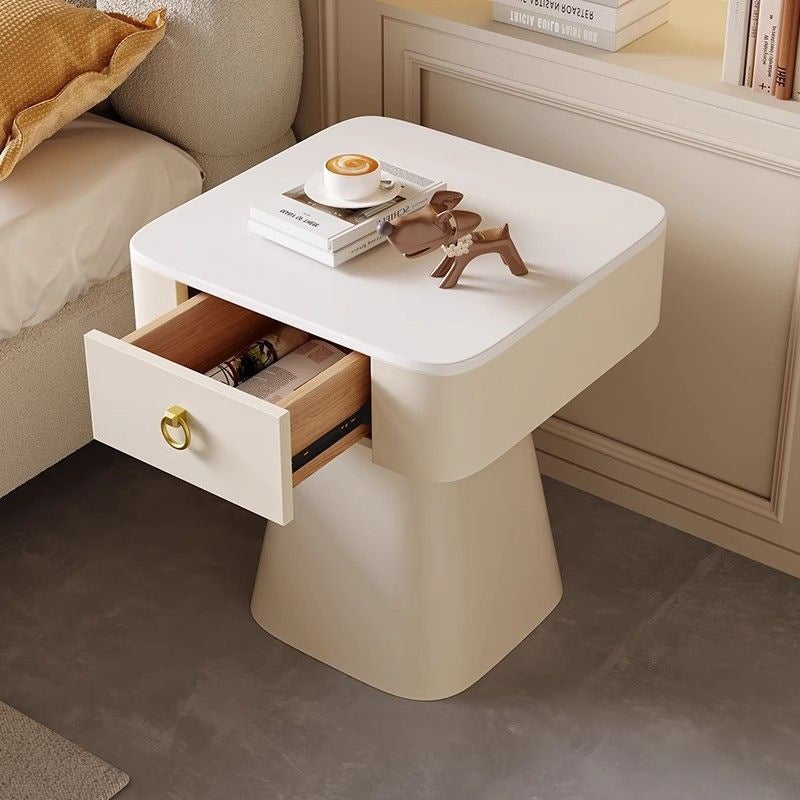 Traditional French Carbon Steel & Rock Slab Square Top Nightstand With Pyramid Base And 1-Drawer For Bedroom & Living Room