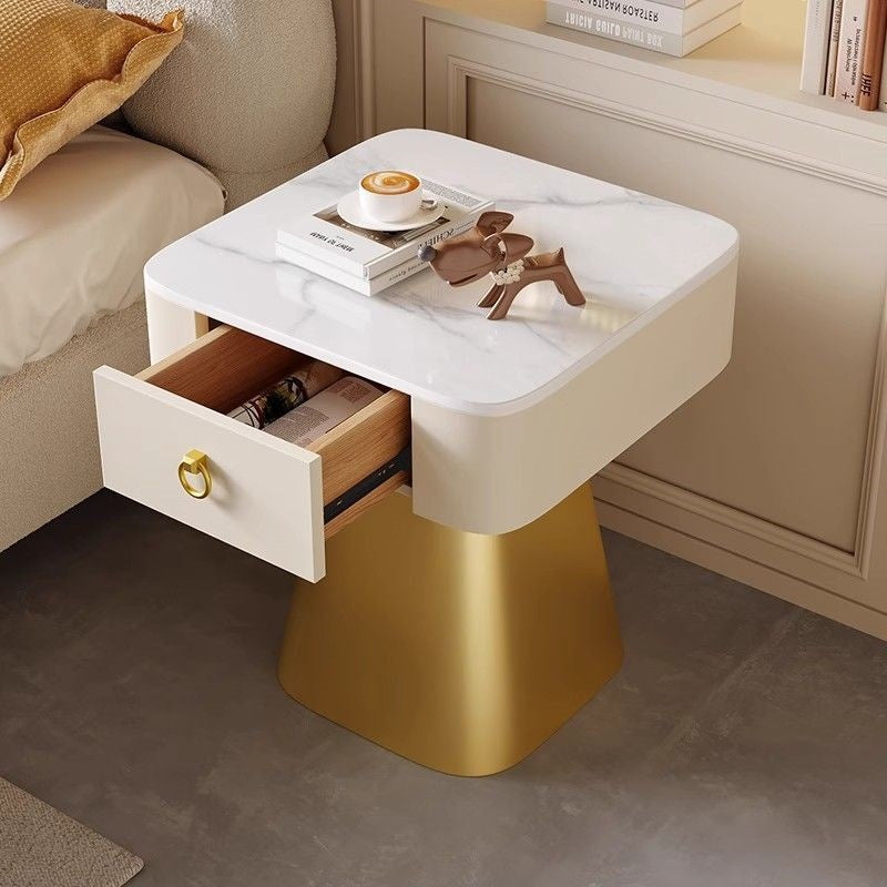 Traditional French Carbon Steel & Rock Slab Square Top Nightstand With Pyramid Base And 1-Drawer For Bedroom & Living Room