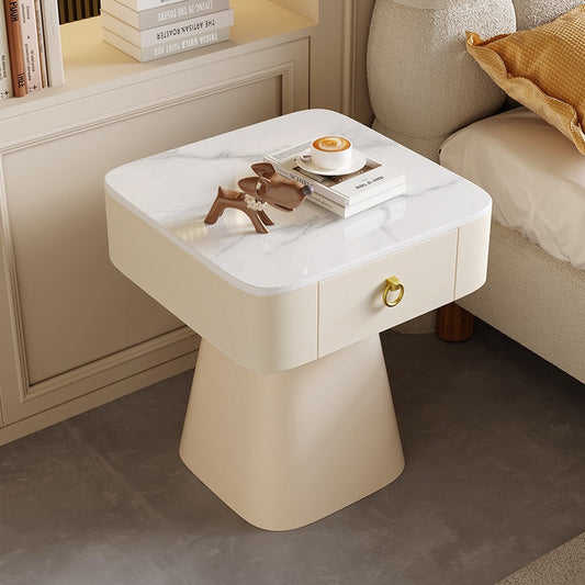 Traditional French Carbon Steel & Rock Slab Square Top Nightstand With Pyramid Base And 1-Drawer For Bedroom & Living Room