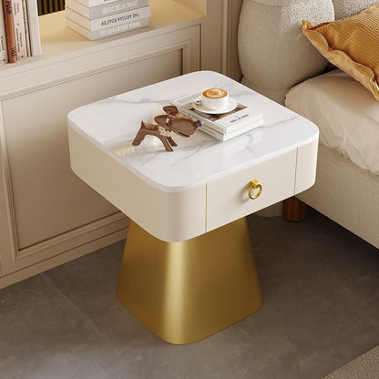 Traditional French Carbon Steel & Rock Slab Square Top Nightstand With Pyramid Base And 1-Drawer For Bedroom & Living Room