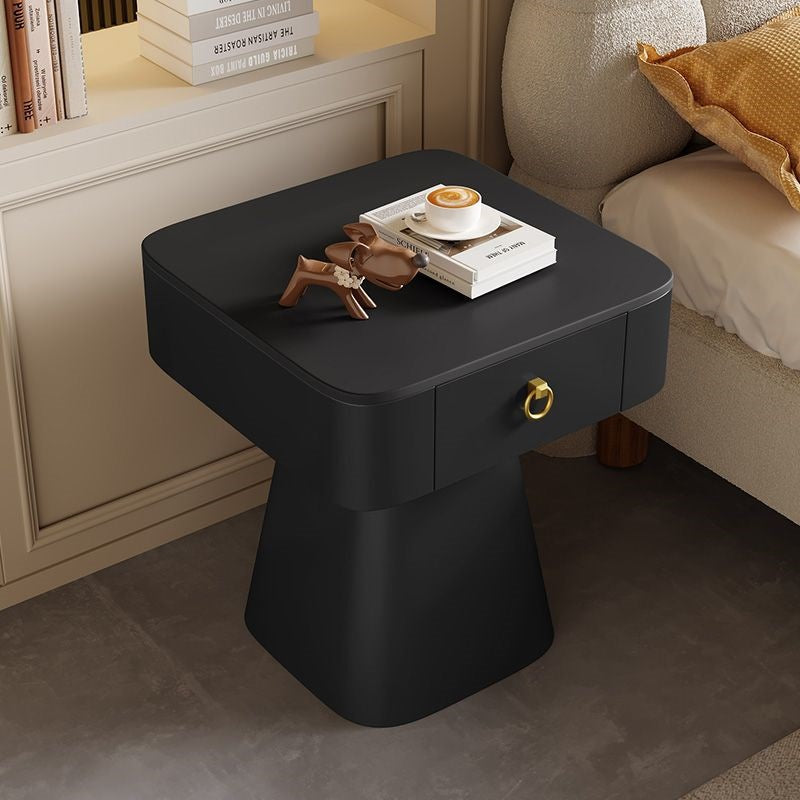 Traditional French Carbon Steel & Rock Slab Square Top Nightstand With Pyramid Base And 1-Drawer For Bedroom & Living Room