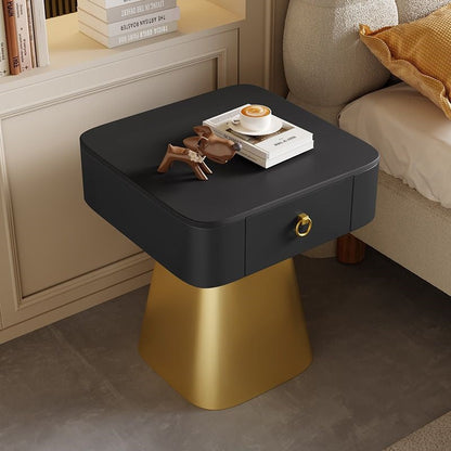Traditional French Carbon Steel & Rock Slab Square Top Nightstand With Pyramid Base And 1-Drawer For Bedroom & Living Room