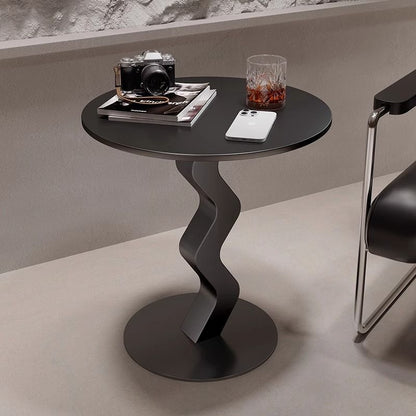 Modern Minimalist Iron Rock Slab Round Top Wave Base Side Table Durable For Living Room Bedroom