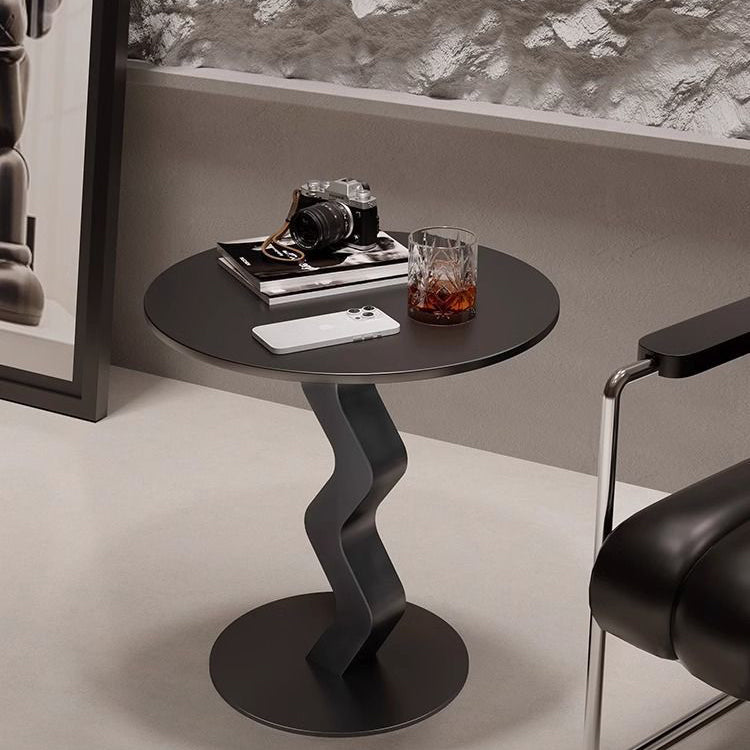 Modern Minimalist Iron Rock Slab Round Top Wave Base Side Table Durable For Living Room Bedroom