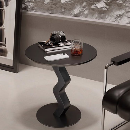 Modern Minimalist Iron Rock Slab Round Top Wave Base Side Table Durable For Living Room Bedroom
