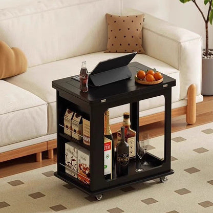 Traditional Vintage Wood Rectangular Side Table With Expandable Foldable Top And Wheels For Living Room Bedroom