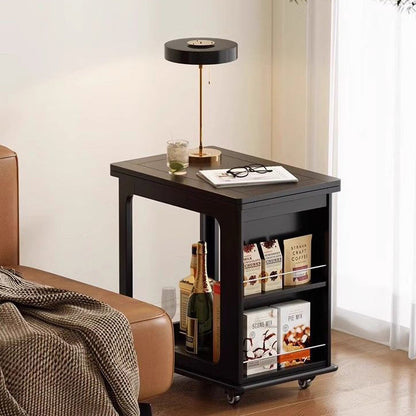 Traditional Vintage Wood Rectangular Side Table With Expandable Foldable Top And Wheels For Living Room Bedroom