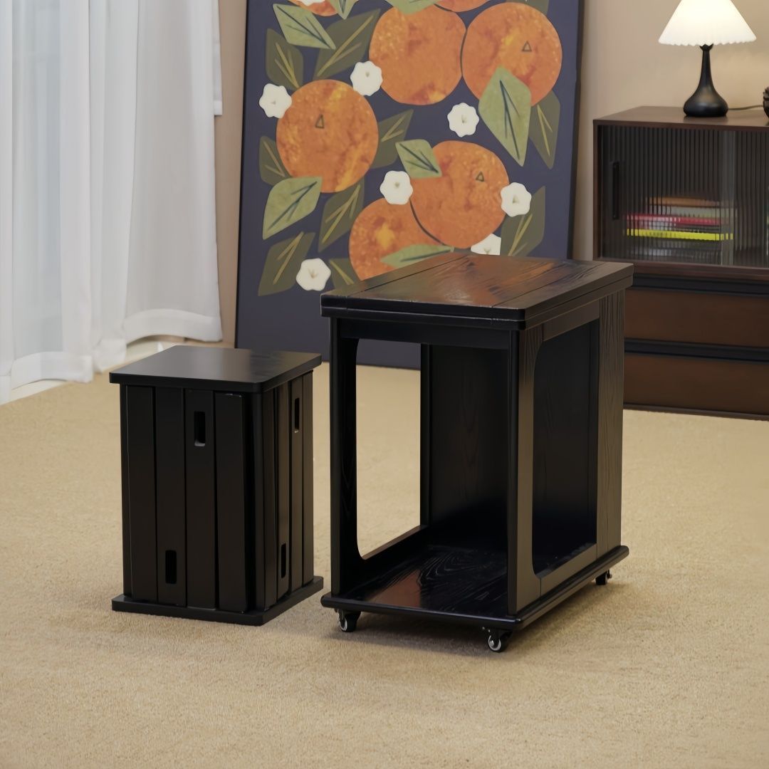 Traditional Vintage Wood Rectangular Side Table With Expandable Foldable Top And Wheels For Living Room Bedroom