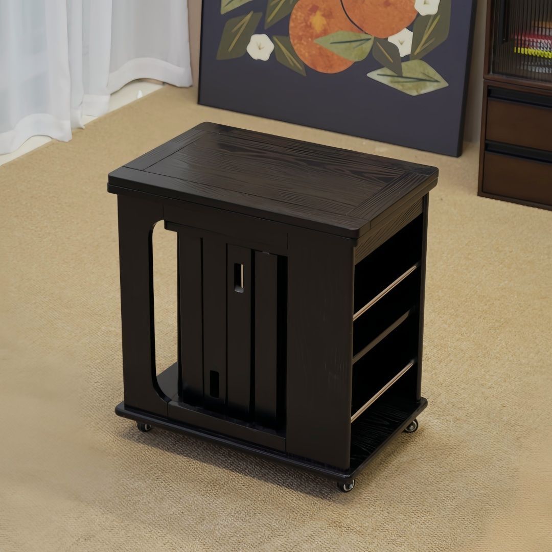 Traditional Vintage Wood Rectangular Side Table With Expandable Foldable Top And Wheels For Living Room Bedroom