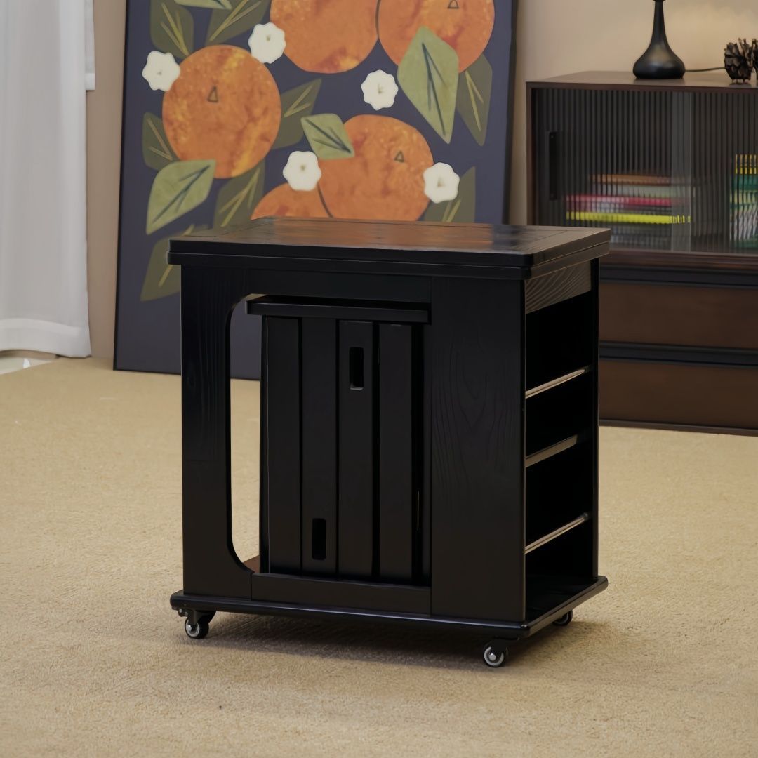 Traditional Vintage Wood Rectangular Side Table With Expandable Foldable Top And Wheels For Living Room Bedroom