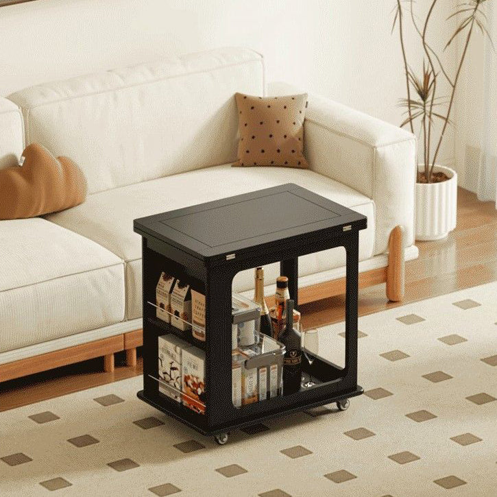 Traditional Vintage Wood Rectangular Side Table With Expandable Foldable Top And Wheels For Living Room Bedroom