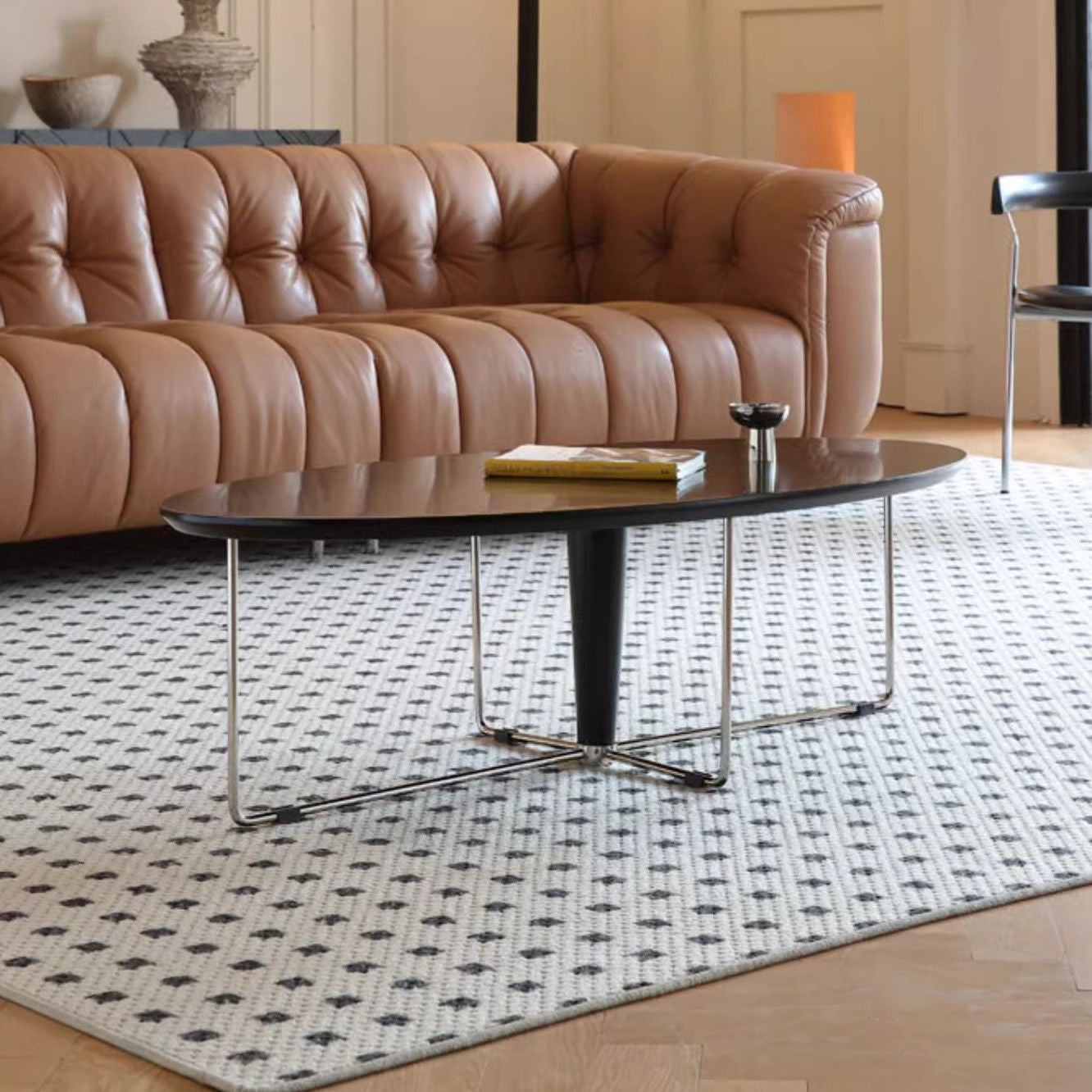 Modern Mid-Century Wood And Stainless Steel Oval Coffee Table With Anti-Slip Pads For Living Room Bedroom