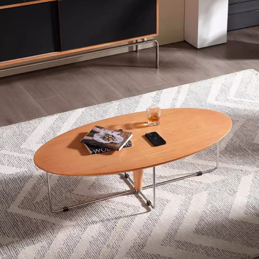 Modern Mid-Century Wood And Stainless Steel Oval Coffee Table With Anti-Slip Pads For Living Room Bedroom