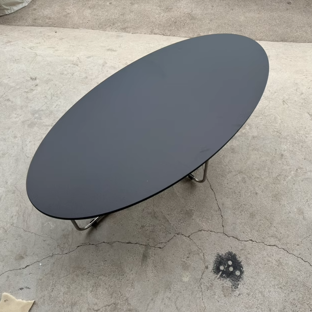 Modern Mid-Century Wood And Stainless Steel Oval Coffee Table With Anti-Slip Pads For Living Room Bedroom