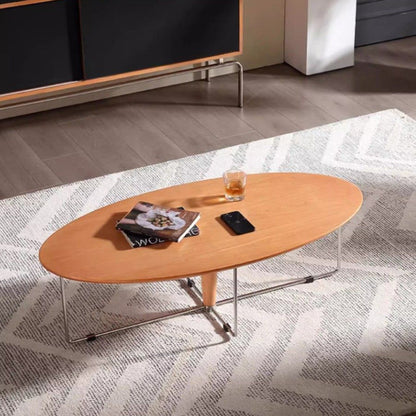 Modern Mid-Century Wood And Stainless Steel Oval Coffee Table With Anti-Slip Pads For Living Room Bedroom