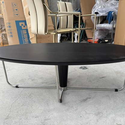 Modern Mid-Century Wood And Stainless Steel Oval Coffee Table With Anti-Slip Pads For Living Room Bedroom