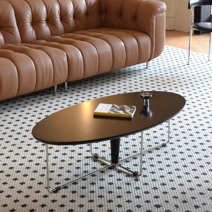Modern Mid-Century Wood And Stainless Steel Oval Coffee Table With Anti-Slip Pads For Living Room Bedroom