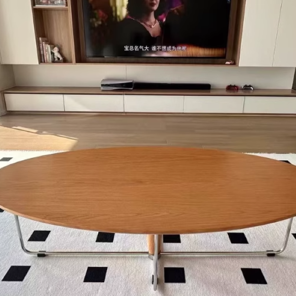 Modern Mid-Century Wood And Stainless Steel Oval Coffee Table With Anti-Slip Pads For Living Room Bedroom