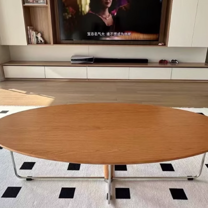 Modern Mid-Century Wood And Stainless Steel Oval Coffee Table With Anti-Slip Pads For Living Room Bedroom
