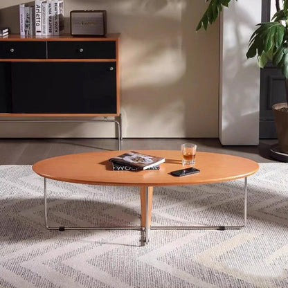 Modern Mid-Century Wood And Stainless Steel Oval Coffee Table With Anti-Slip Pads For Living Room Bedroom