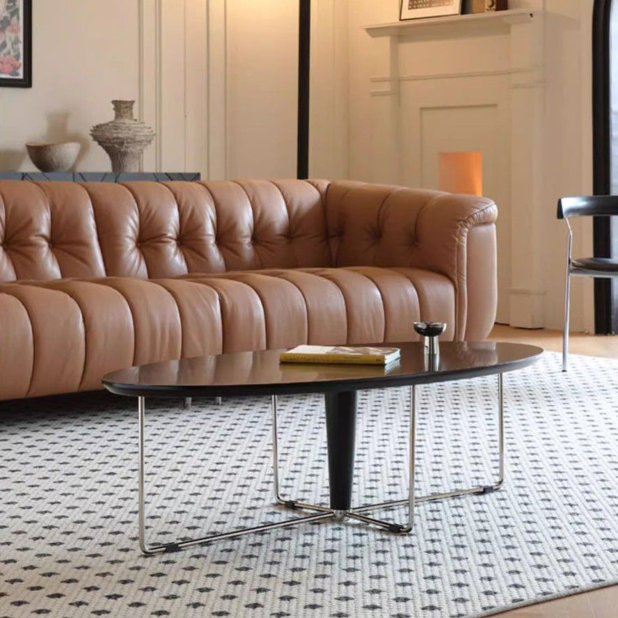 Modern Mid-Century Wood And Stainless Steel Oval Coffee Table With Anti-Slip Pads For Living Room Bedroom