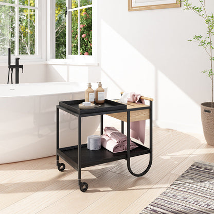 Modern Minimalist Metal & Wood Rectangular Side Table With Wheels & 2-Tier Movable Storage For Living Room & Bedroom