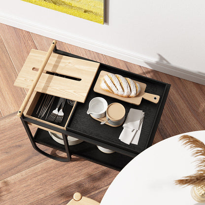 Modern Minimalist Metal & Wood Rectangular Side Table With Wheels & 2-Tier Movable Storage For Living Room & Bedroom