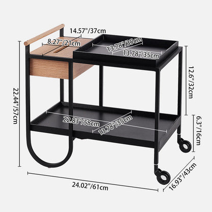 Modern Minimalist Metal & Wood Rectangular Side Table With Wheels & 2-Tier Movable Storage For Living Room & Bedroom